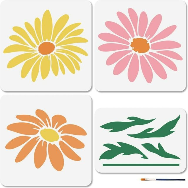 4 Stück Gänseblümchen-Schablonen in Mehrfarbig für Kunsthandwerk und zum Malen, wiederverwendbare Frühlingsblumen-Schablonen - Bild 1