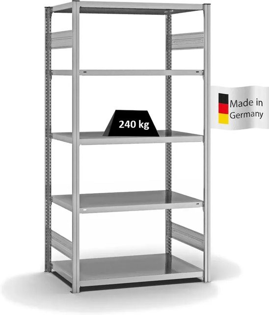 PROREGAL Fachbodenregal Stecksystem T-Profil Medium-Duty, verzinkt, Farbe: Silber, H x B x T: 200 x 100 x 60 cm, 5 Ebenen, Fachlast 240 kg, beidseitig nutzbar - Bild 1