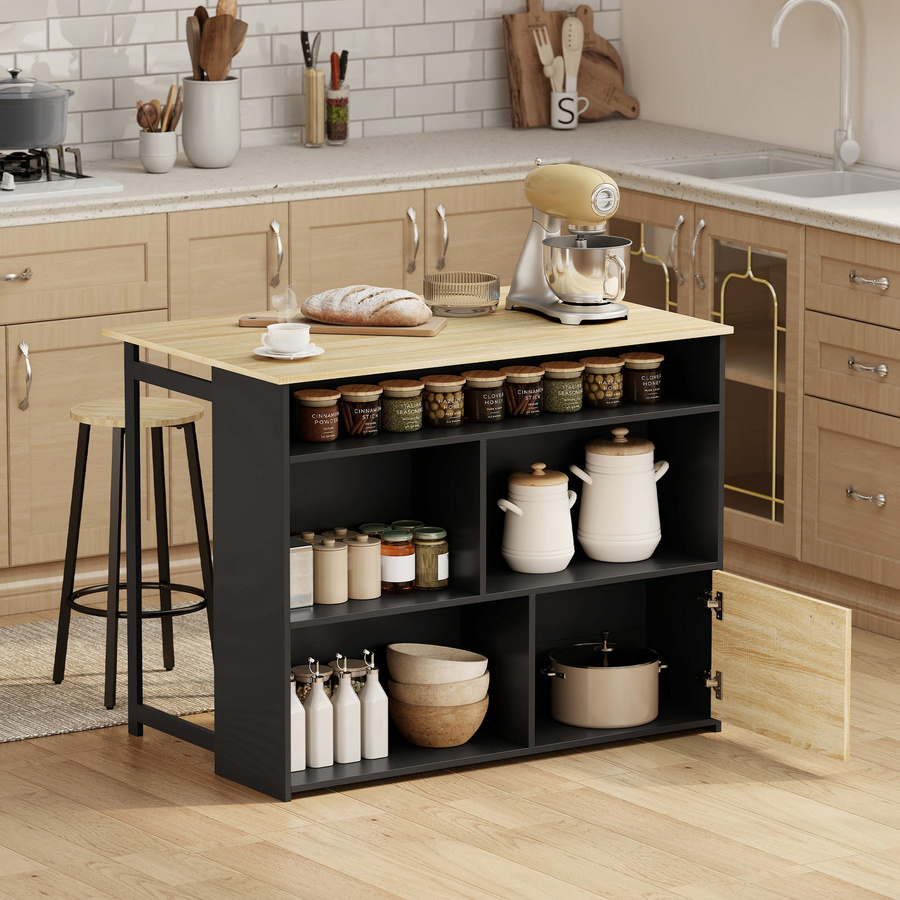 HOMCOM Ausziehbarer Bartisch mit Klappe und Schrank in Schwarz, moderner Stehtisch mit 1 Türschrank und 4 offenen Fächern, B/T/H: 116 x 79,6 x 90,5 cm - Bild 2