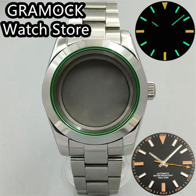 GRAMOCK Uhrengehäuse Edelstahl, silber, grüner Rand, Saphirglas, Unisex - Bild 1