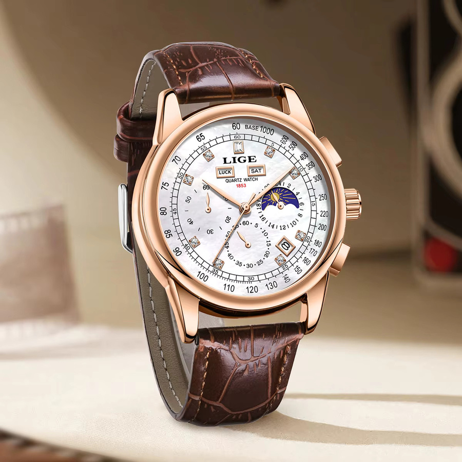 LIGE Armbanduhr Chronograph, Quarz, Weiß, Leder, Herren - Bild 2