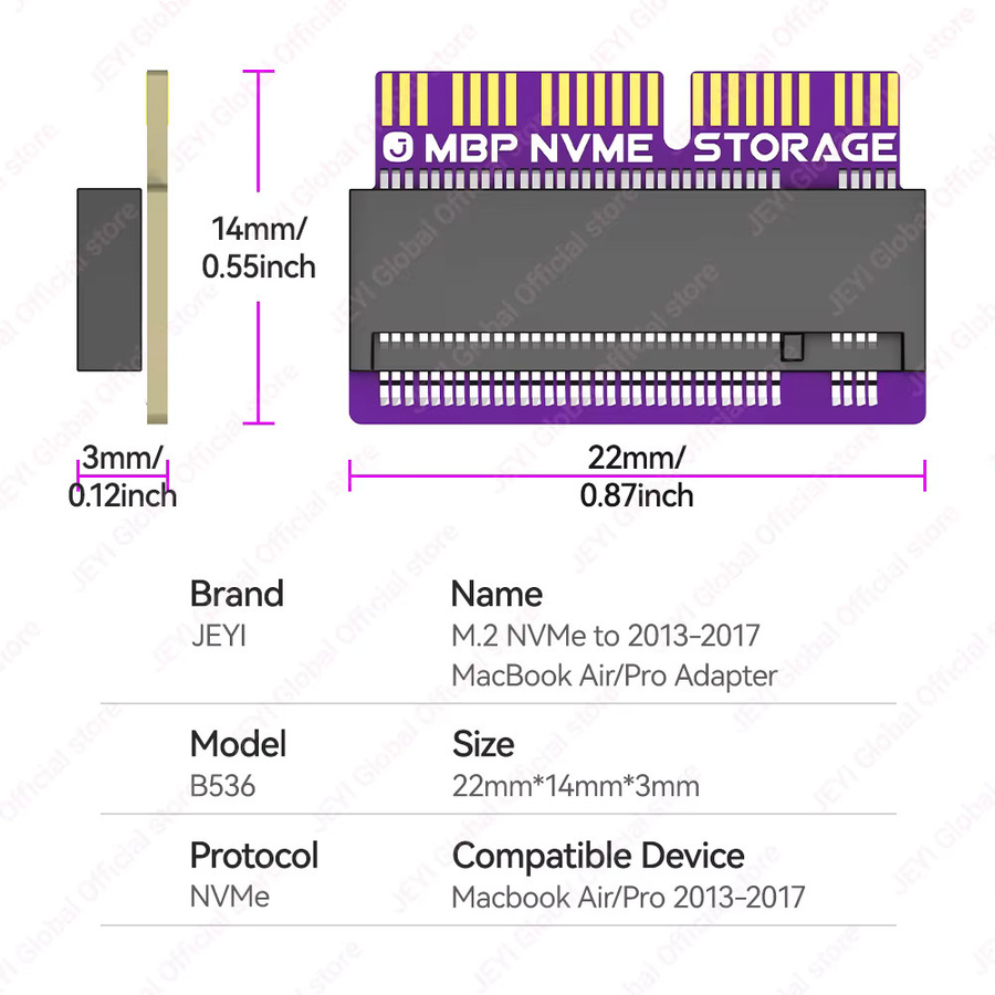 JEYI PCIe 5.0 M.2 NVMe SSD Adapter-Konverterkarte für MacBook Air und Pro (Modelle A1465, A1466, A1398, A1502) - Bild 4