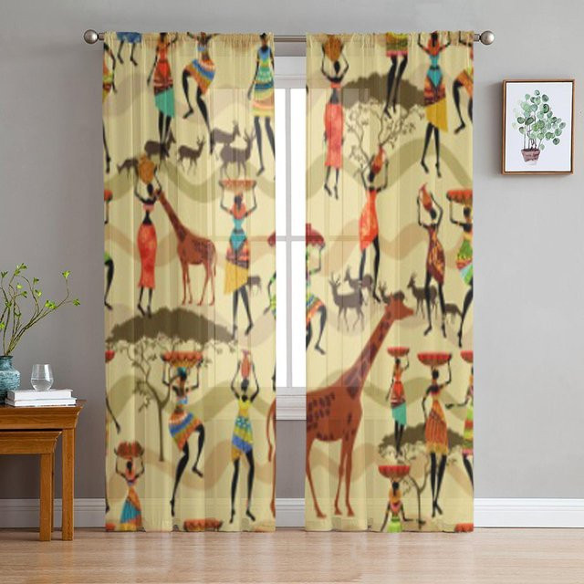 Super Six Chiffon-Vorhang mit afrikanischem Motiv in Beige und Multicolour, transparentes Tüll-Fenstervorhang für Wohnzimmer und Schlafzimmer, Breite: 135 cm, Höhe: 114 cm - Bild 1