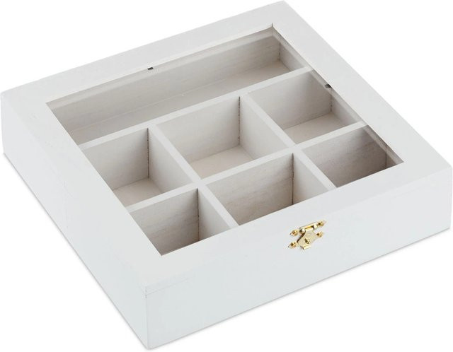 Relaxdays Teebox aus MDF und Kunststoff in Weiß mit 7 Fächern, B/T/H: 25 x 25,5 x 8 cm - Bild 1