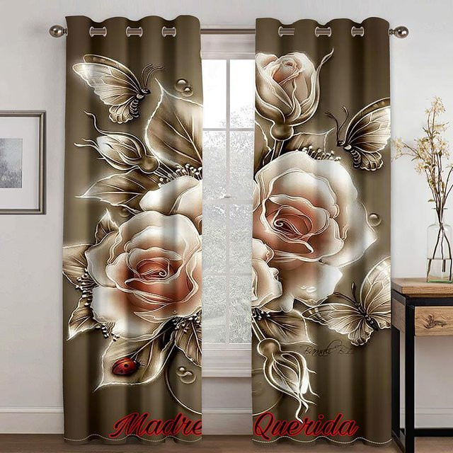 3D Rosen Vorhänge mit floralem Design in Rot, Gold und Blau, 2er-Set aus Polyester, semi-transparent, B/H: 50 x 130 cm - Bild 1
