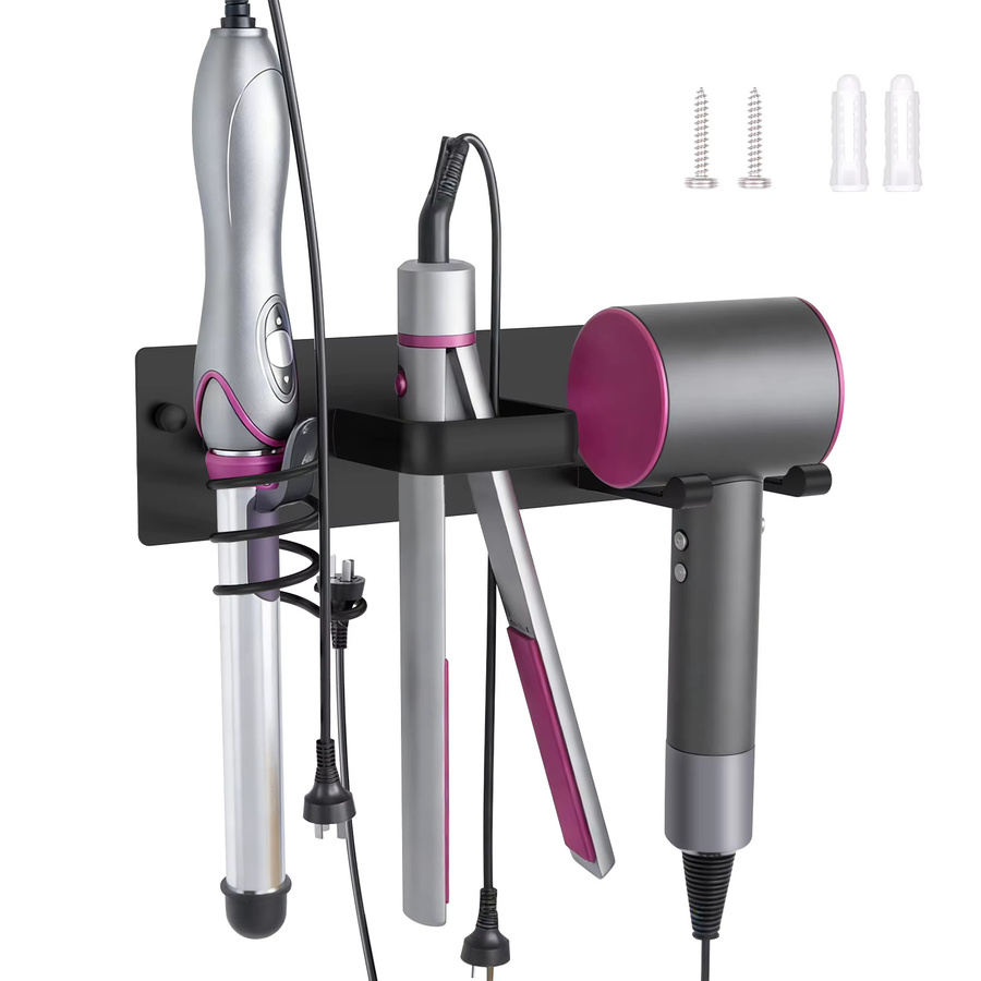 Everso 3-in-1 Haartrocknerhalter aus Metall für die Wandmontage, Universeller Badezimmer-Organizer für Haarwerkzeuge und Lockenstäbe, Schwarz - Bild 6