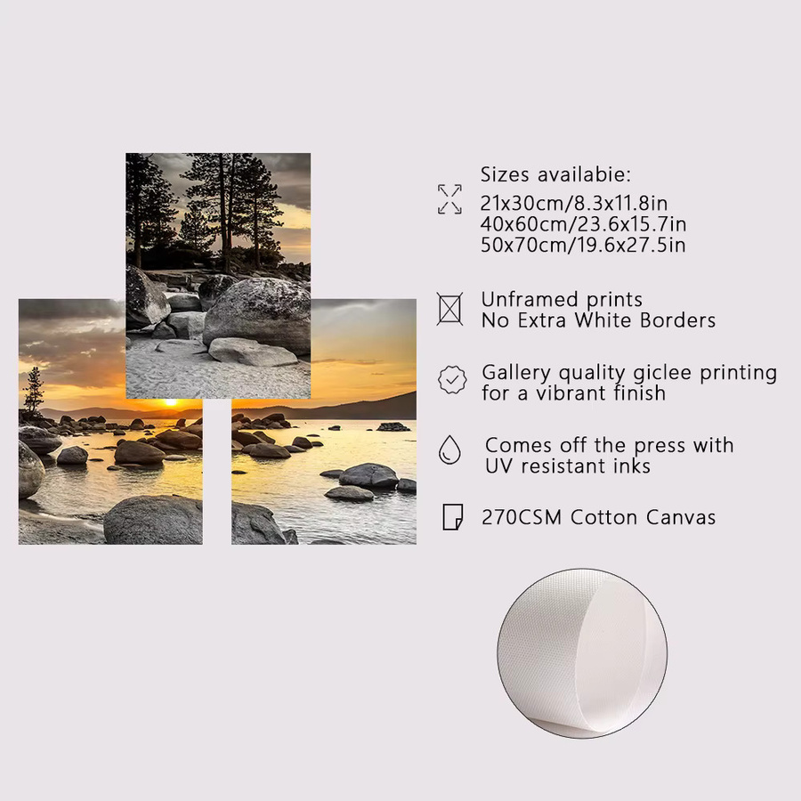 3er-Set rahmenlose Leinwandgemälde von HALFLEMART mit Sonnenuntergang am Meer und Naturlandschaft in Blau und Multicolour - Bild 2