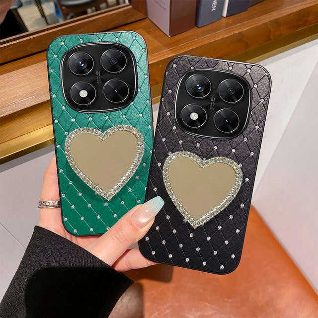 Personalisierte Luxus-Handyhülle aus Kunstleder mit Diamantgitter und Herzspiegel für Xiaomi Redmi Note 14/15 Pro Plus (4G/5G) in Grün - Bild 1