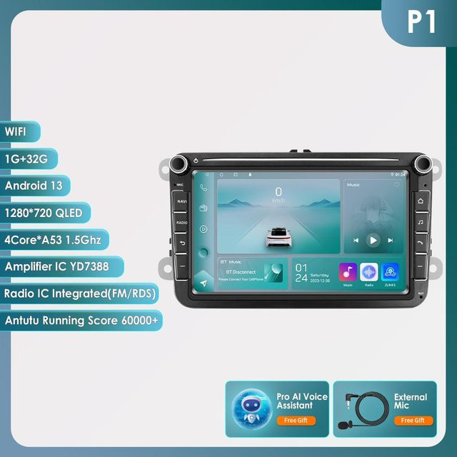 Ossuret 2 DIN Multimedia-Player Android 13 mit Carplay und GPS für Volkswagen Golf 5, Transporter, Passat B6, Polo, Jetta sowie Skoda und Seat, Schwarz, 1G 32G - Bild 1