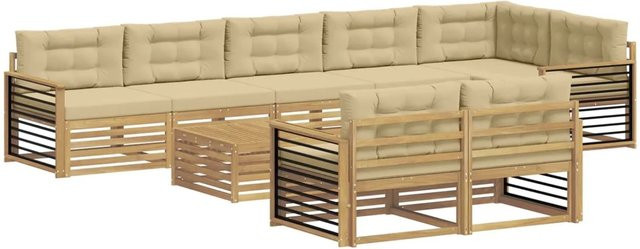 vidaXL Outdoor-Sofagarnitur 9-teilig in L-Form aus Akazienholz mit Kissen in Weiß und Beige - Bild 1