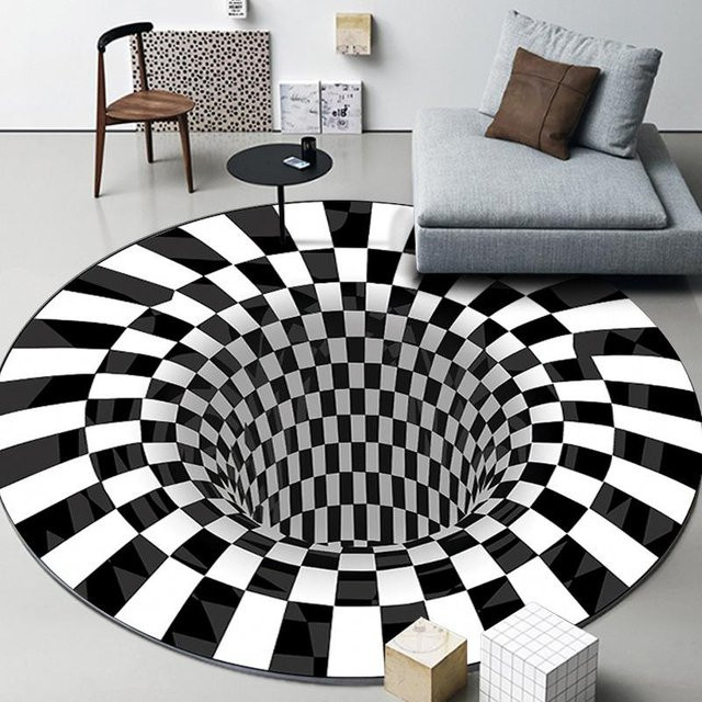 Runder Karpetti Teppich mit 3D Vortex Optischer Illusion in Schwarz, rutschfest und waschbar, Durchmesser: 80 cm - Bild 1