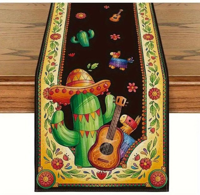 JINGYUE Pet Tischläufer aus Leinen mit mexikanischem Kaktus, Gitarre und Sombrero Design für den Tag der Toten, B/H: 150 x 33 cm, Mehrfarbig - Bild 1