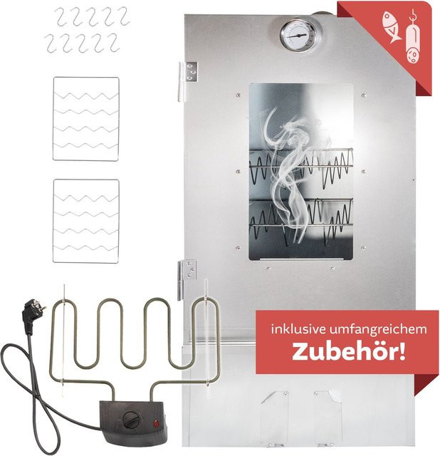 Lemodo Elektrischer Räucherofen aus Stahl mit 3 Etagen und Heizspirale, Farbe: Silber, Höhe: 80 cm - Bild 1