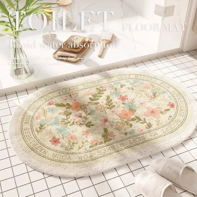 VIKAMA Badezimmerteppich mit Blumenmuster in Multicolour, oval und schnelltrocknend, Breite: 60 cm, Tiefe: 40 cm - Bild 1