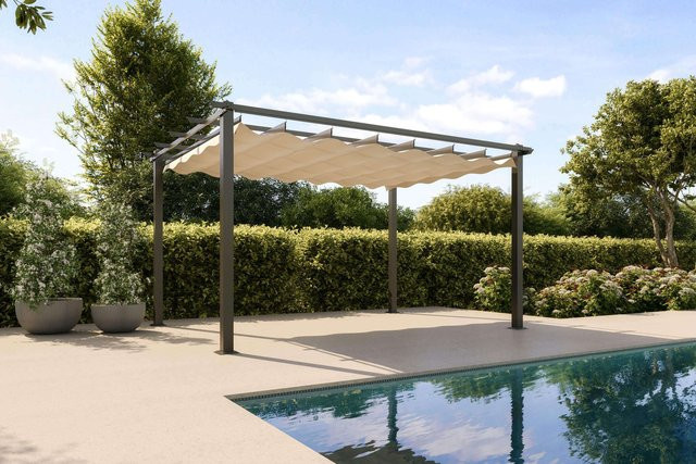 OUTFLEXX Pergola mit faltbarem Stoffdach aus Aluminium und Polyester, Farbe: Anthrazit/Beige, B x T: 4 x 3 m, mit Air-Vent System und UV-Schutz 30+ - Bild 1