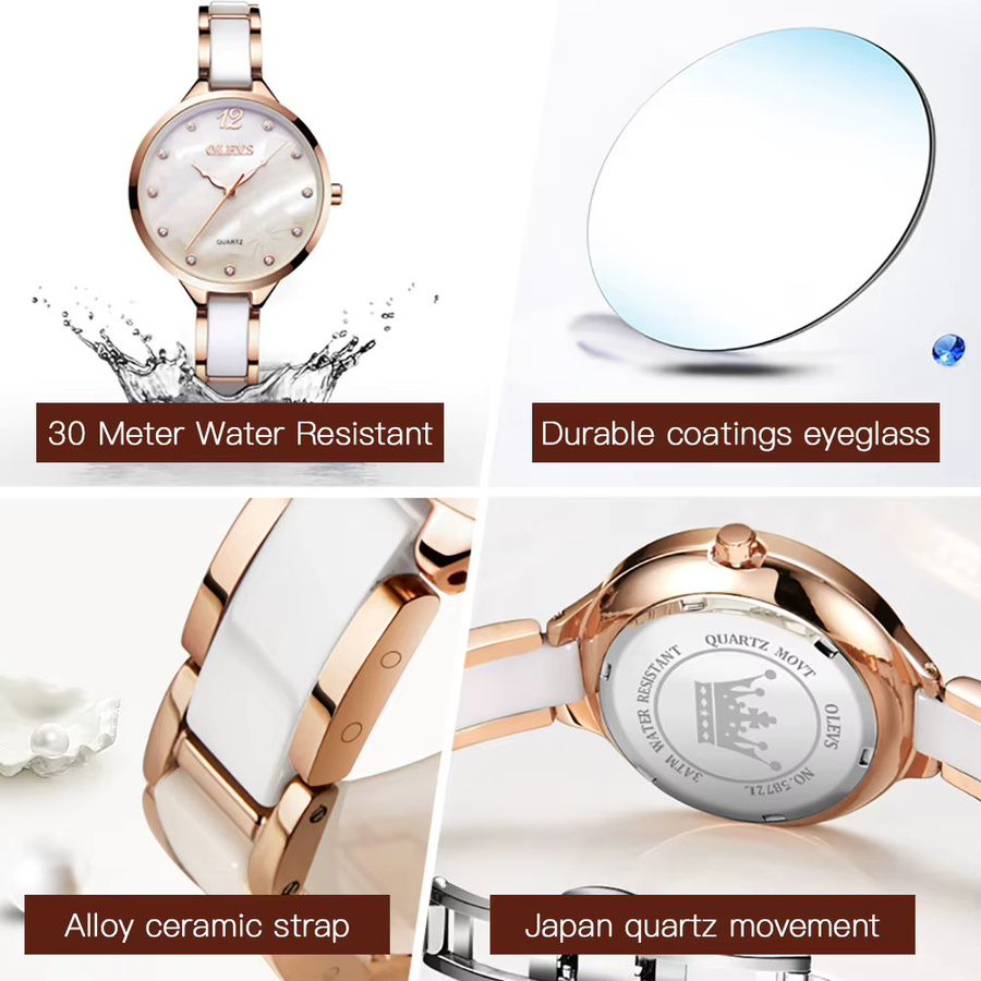 OLEVS Armbanduhr, Quarz, Keramik, Edelstahl, Weiß, Damen - Bild 4