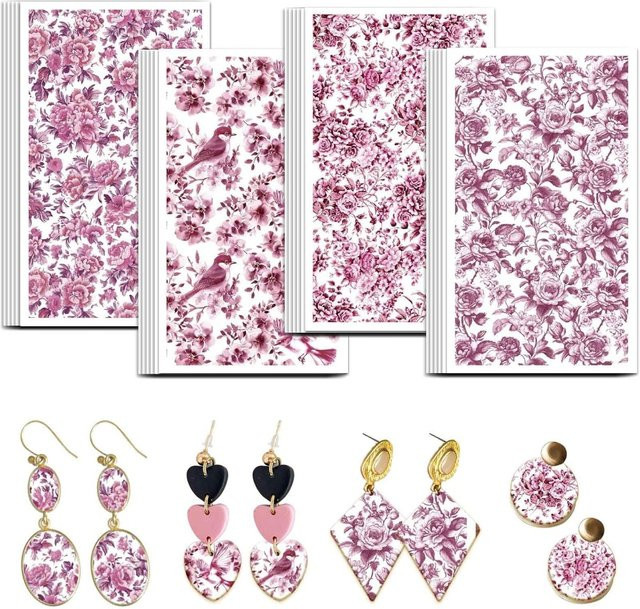 24 Stück Rosa orientalisches Blumen-Transferpapier für Polymer-Ton mit 4 Pfingstrosen-Designs - Bild 1