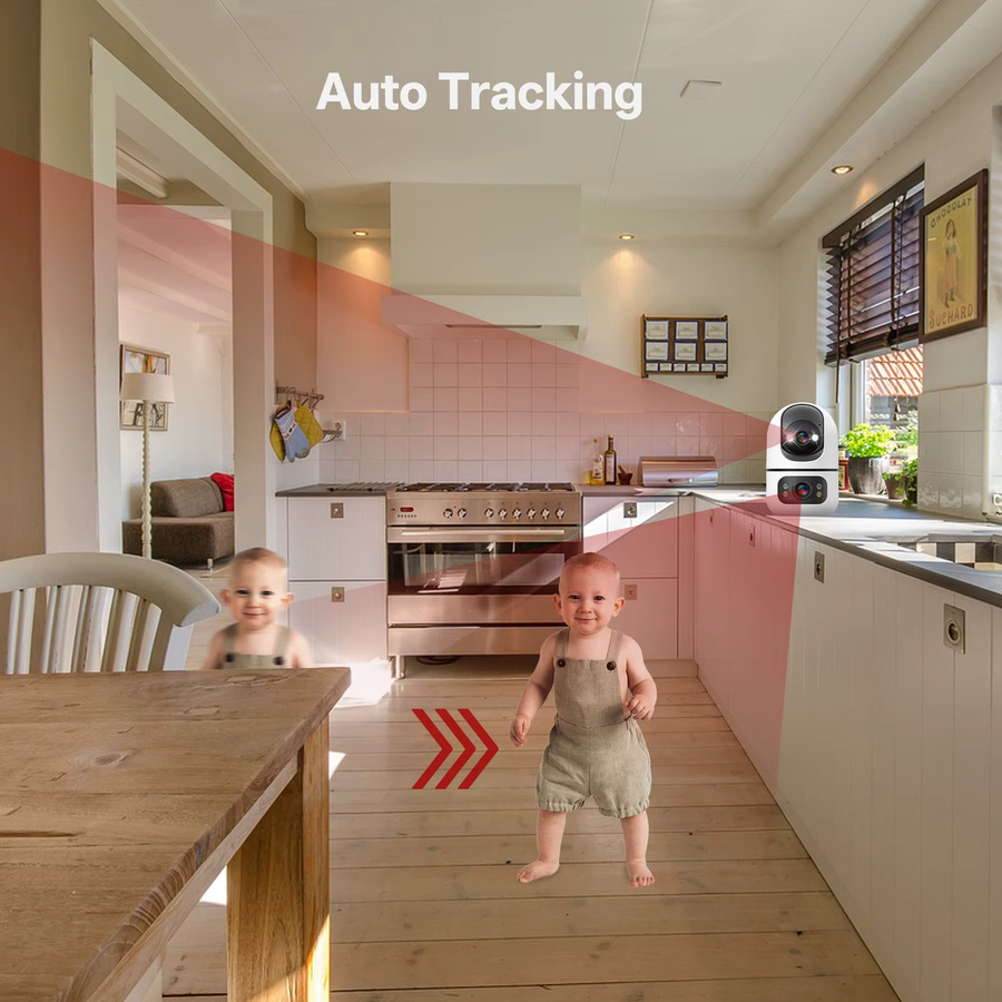 Tuya 5G WLAN Dual-Objektiv-Kamera für Innenräume, 4K 8MP Heim- und Haustierkamera mit Auto-Tracking, Babymonitor und Farbnachtsicht, Weiß - Bild 4