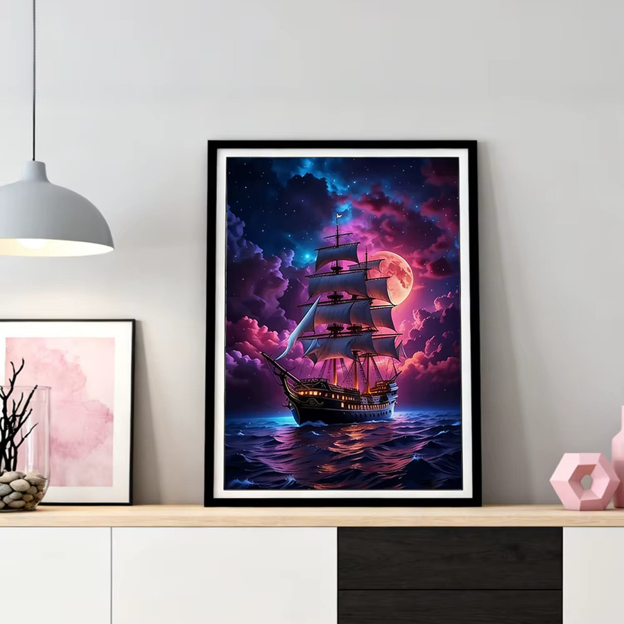HUACAN Diamant-Mosaik Set Segelboot-Landschaftsgemälde mit Sternenhimmel und Meereskunst in Multicolour, Durchmesser: 20 cm, Höhe: 30 cm - Bild 2