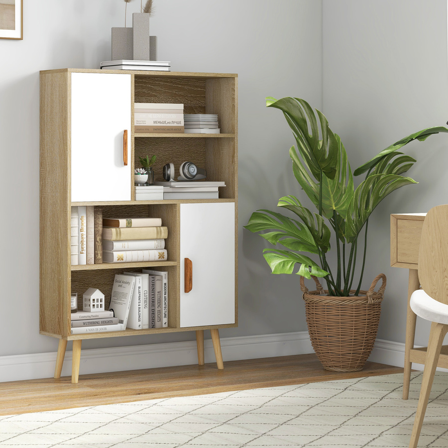 Aosom Skandinavisches Bücherregal mit 4 Nischen und 2 Schranktüren in Eiche, verstellbare Regalböden und Füße aus massivem Kiefernholz, H x B x T: 123 x 80 x 24 cm - Bild 2