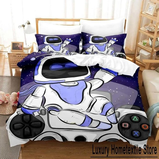 Binchi Outdoor Product Astro Bot Bettwäsche Set mit 3D-Druck, Blau, dreiteiliges Set aus Microfaser bestehend aus Bettbezug und Kissenbezügen, B/H: 210 x 210 cm - Bild 1