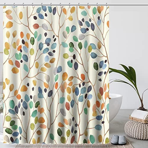 VIKAMA Duschvorhang Set mit Blumenmuster und Haken, Mehrfarbig, B/H: 90 x 180 cm - Bild 1