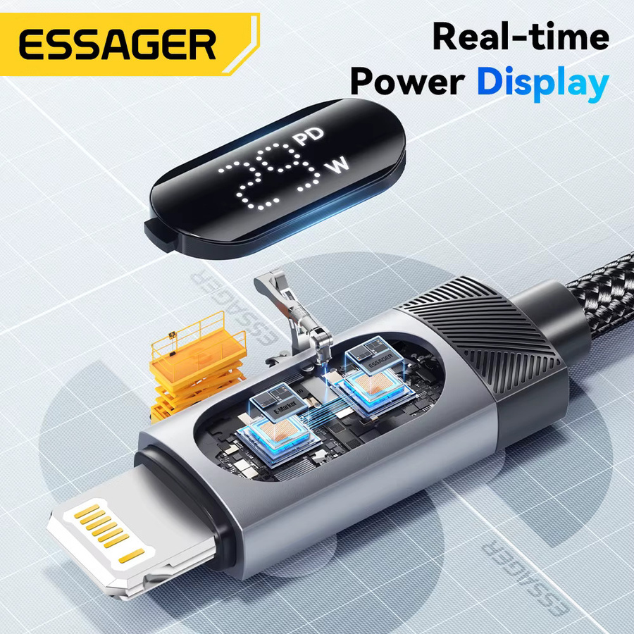 Essager USB-C-Kabel mit Digitalanzeige für PD 29 W Schnellladung, kompatibel mit iPhone 14 13 12 11 Pro Max, iPad und MacBook, in Schwarz oder Grau - Bild 4