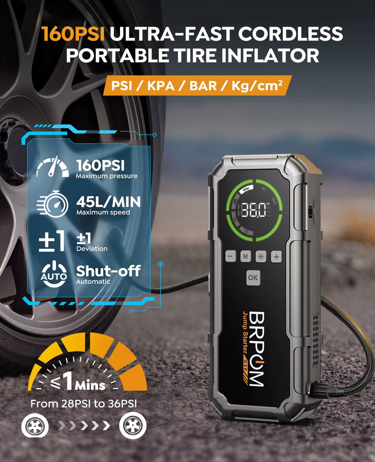 BSMOOM 1500A PEAK Auto-Notstartgerät mit 150PSI Aufpumpfunktion, Multifunktions-Autobatterie-Booster in Schwarz mit LED-Licht, USB-C Ladefunktion und LCD-Digitalanzeige - Bild 2