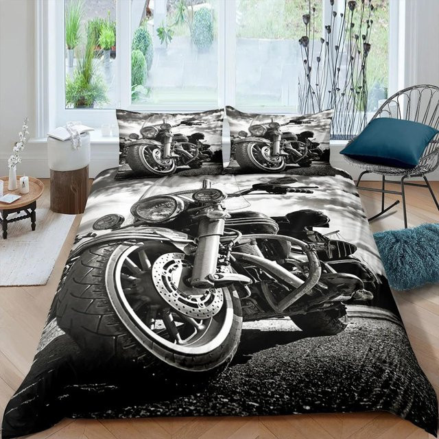 Luxuriöses Bettwäsche-Set mit Motorrad- und Traktor-Motiv für Männer, Farbe Schwarz, Material 100% Polyester, B/H: 180 x 210 cm - Bild 1