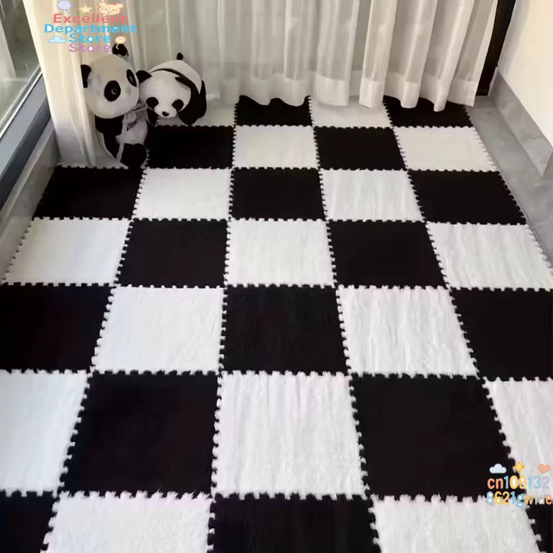 DHDH Plüsch-Puzzlematte in Checkerboard-Design, rutschfest und waschbar, Farben: Weiß und Grau - Bild 2