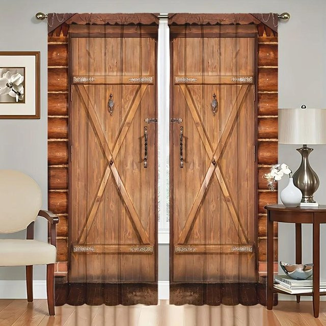 Dekorative Fenstervorhänge im Retro-Holztür-Design von Yiran Furniture mit 3D-Druck, Farbe Braun, B/H: 135 x 165 cm - Bild 1