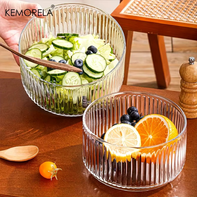 KEMORELA Salat- und Obstschale aus Glas mit Streifen-Design in Transparent, runde Servierschale für Dessert und Obst - Bild 2