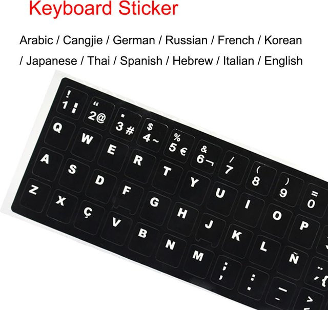 FARAJIAJ Tastatur-Aufkleber für Laptops in Schwarz mit Arabisch, Cangjie, Deutsch, Russisch, Französisch, Koreanisch, Japanisch, Thailändisch, Spanisch, Hebräisch, Italienisch und Englisch - Bild 1