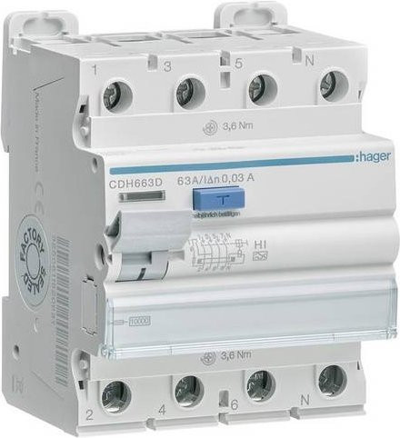Hager FI-Schutzschalter CDH663D RCD 4polig 63A 0,03A 400V in Weiß - Bild 1