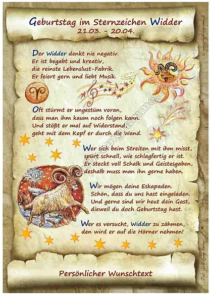 Geburtstagsurkunde Sternzeichen Widder von tantum graphic in Vintage-Optik als Wanddeko aus Papier in Mehrfarbig - Bild 1