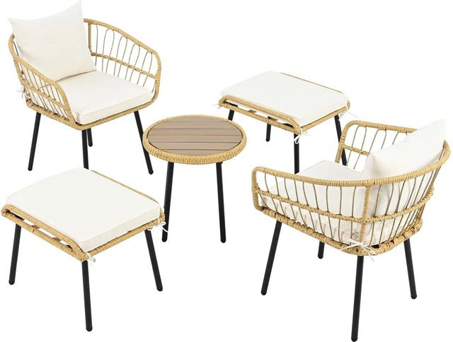 PXloue 5-teiliges Garten Lounge Set aus Rattan in Weiß mit Tisch, 2 Stühlen und 2 Hockern für Terrasse und Balkon - Bild 1