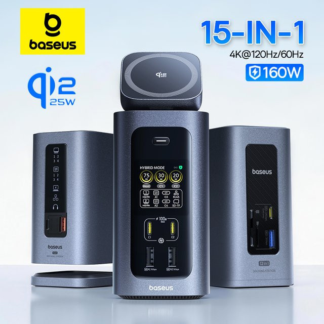 Baseus 15-in-1 USB-C Dockingstation mit 160W Leistung, 2 HDMI 4K UHD, 25W Qi2.2 kabellosem Ladegerät und 180W GaN Netzteil in Grau - Bild 1