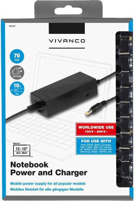 Vivanco Universal Schaltnetzteil für Notebooks und Netbooks, 70W, Schwarz - Bild 1