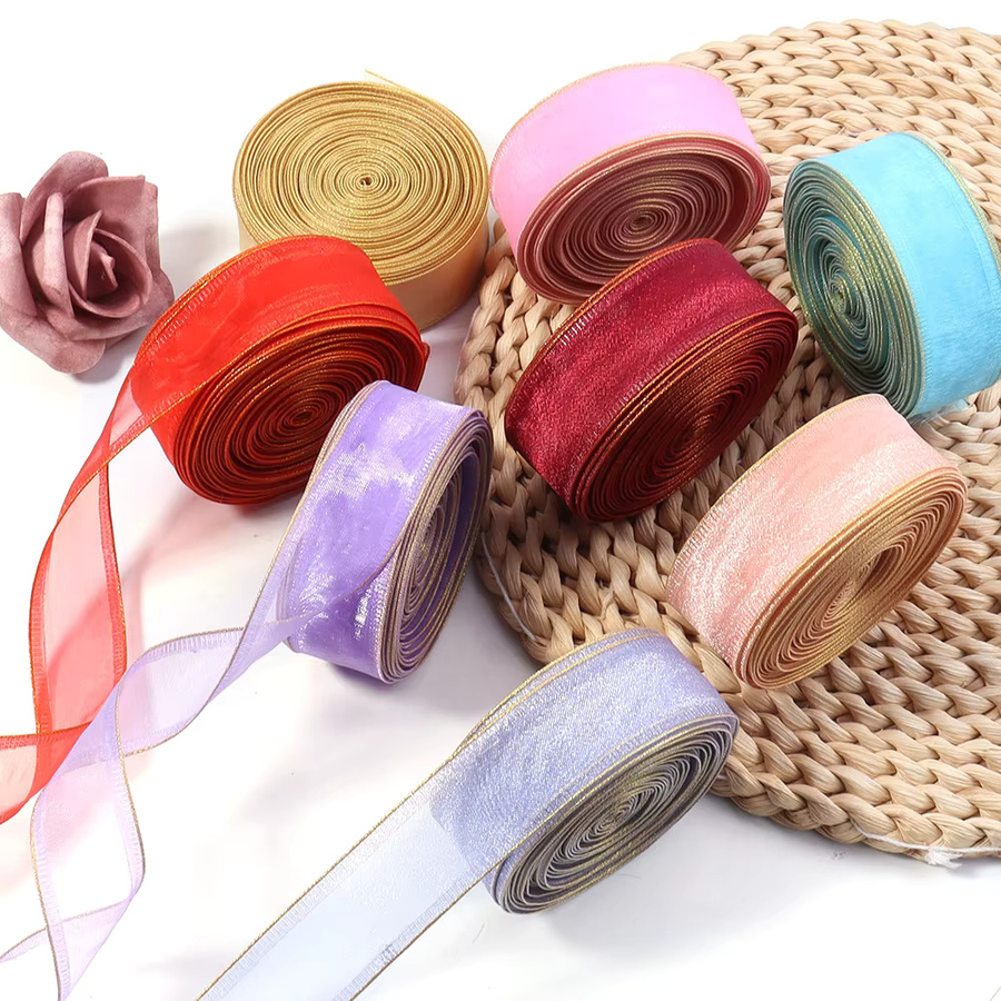 Buntes Chiffon Gaze Band mit Goldrand für DIY Dekoration, Hochzeit und Weihnachten, Breite: 2,5 cm, Länge: 4,57 m - Bild 2