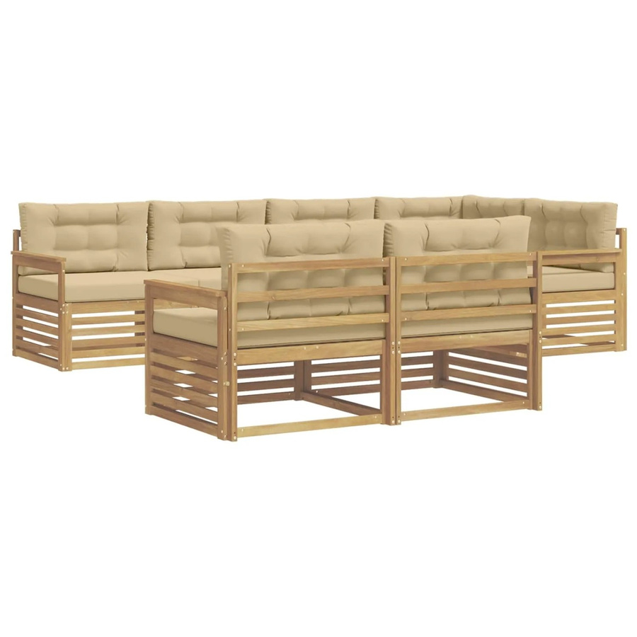 vidaXL Outdoor-Sofagarnitur 7-teilig in L-Form aus Akazienholz mit Kissen in Weiß und Beige - Bild 2