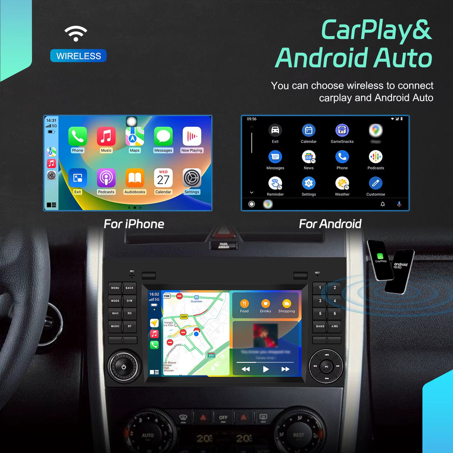 Podofo 2DIN Carplay Autoradio für Mercedes Benz B200 Sprinter A-Klasse mit 64G Speicher, GPS, Android Auto, WIFI und Mirror Link in Schwarz - Bild 2