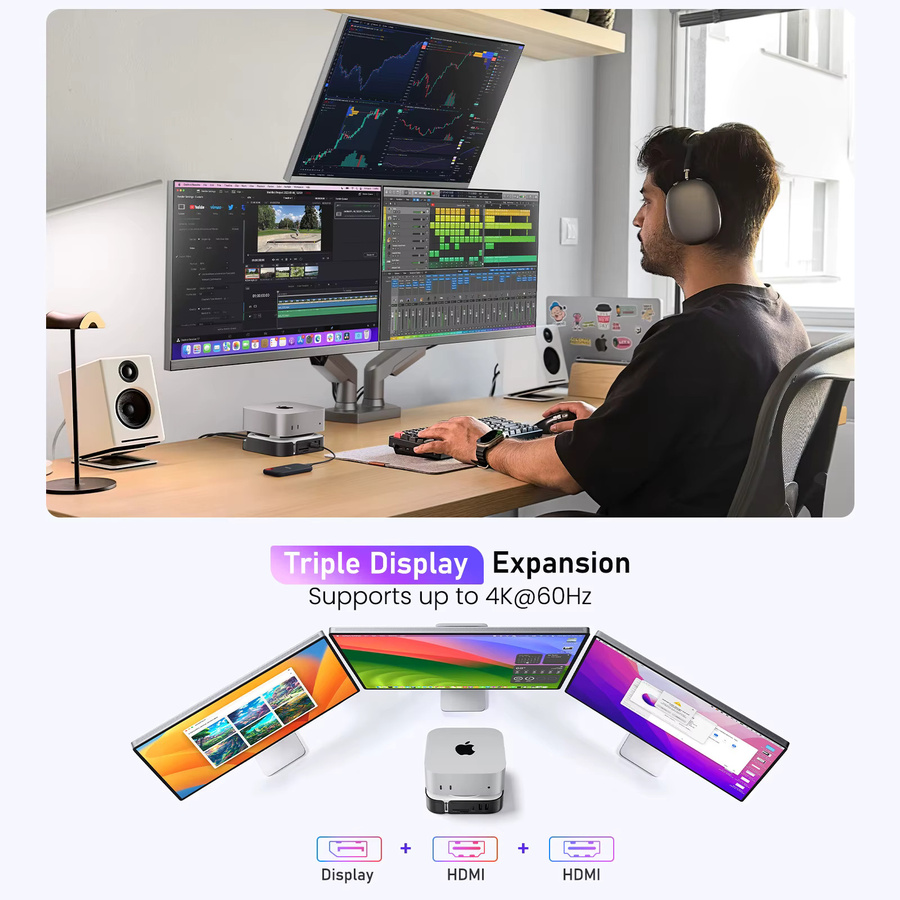 Lemorele 9-in-2 USB-Hub-Dockingstation für Mac Mini M4 mit HDMI, DisplayPort 4K 60Hz, M.2 NVMe SSD Slot, USB-A & USB-C sowie SD/TF Kartenleser - Bild 2