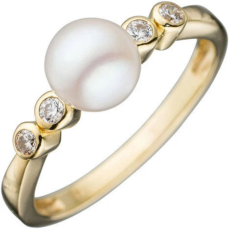 Colfem Ring 333 Gelbgold, Perle, Zirkonia, Damen, Ringgröße 58 - Bild 1