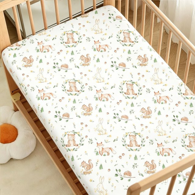 Spannbettlaken aus Baumwolle für Babybetten mit Tiermotiv in Weiß, B/T: 120 x 60 cm - Bild 1