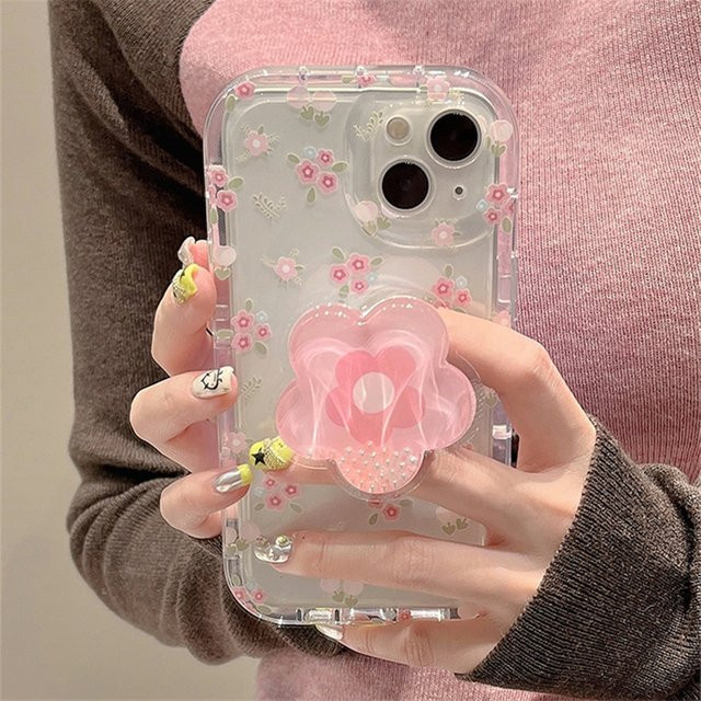 Transparente Handyhülle mit rosa Blumenmuster und integriertem Ständer für iPhone Modelle, Pink/Transparent - Bild 1
