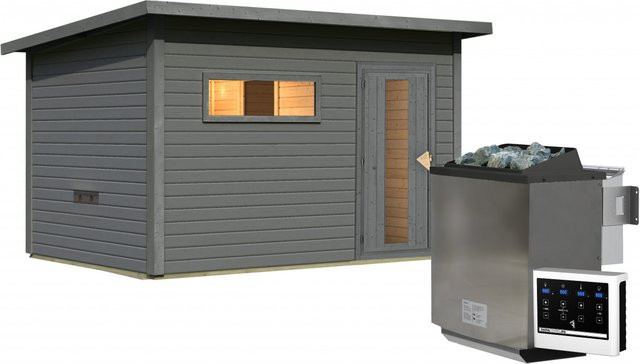 Karibu Saunahaus HYTTI 6 aus Fichte in Terragrau mit 9.0 kW BioKombiofen und Steuergerät, B/T/H: 396 x 231 x 210 cm - Bild 1