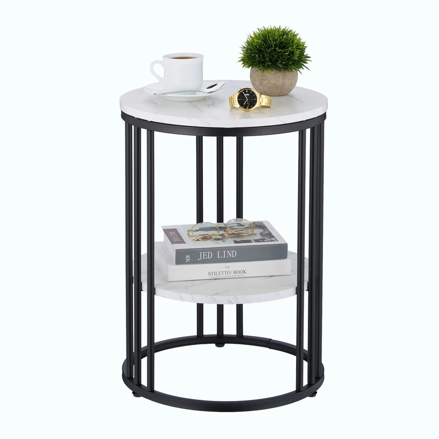 Relaxdays Beistelltisch in Marmoroptik aus Eisen und MDF, höhenverstellbar, Weiß und Schwarz, Durchmesser: 40 cm, Höhe: 56 cm - Bild 2