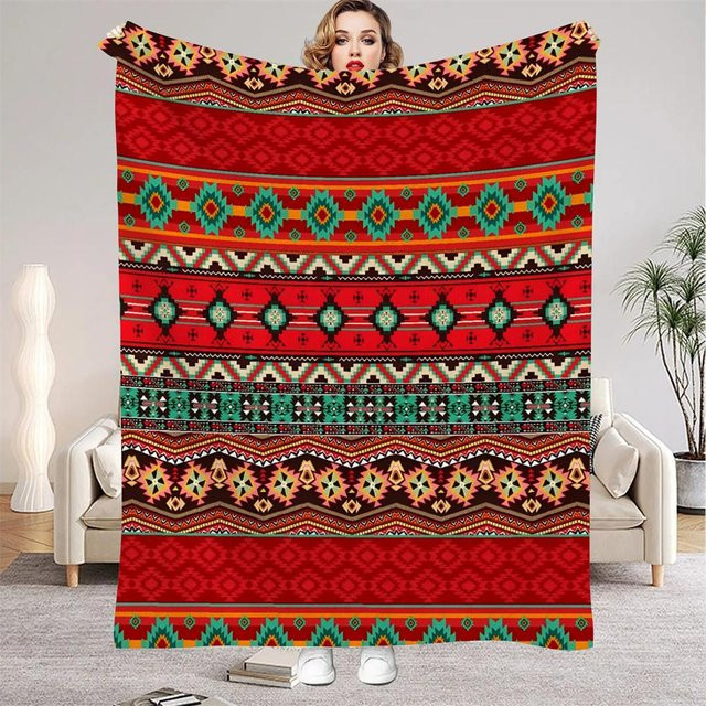 JMG Household Supplies Boho Aztekische Flanelldecke in Rot mit geometrischem Muster, B/B/H: 150 x 200 cm - Bild 1
