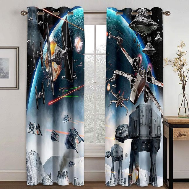 A Family Of Home Textiles 2er-Set dünne Fenstervorhänge mit 3D-Cartoon-Weltraum-Motiv in Blau, semi-transparent, Breite: 100 cm, Höhe: 130 cm - Bild 1