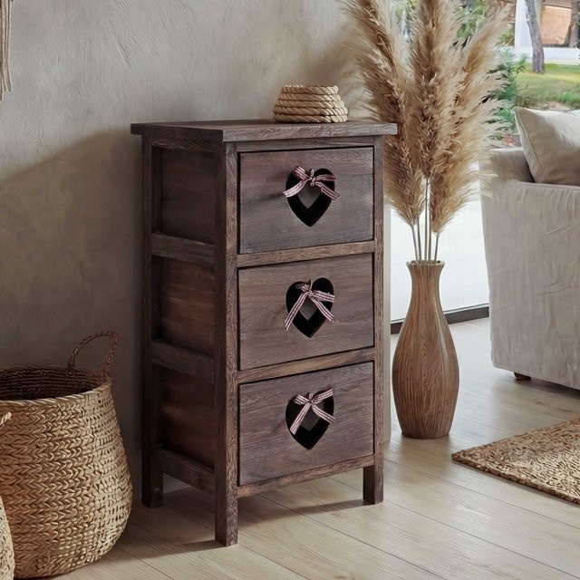 MCW Kommode Sues in Braun mit 3 Schubladen und Herzen im Shabby-Look aus Paulowniaholz, B/T/H: 55 x 29 x 25 cm - Bild 1